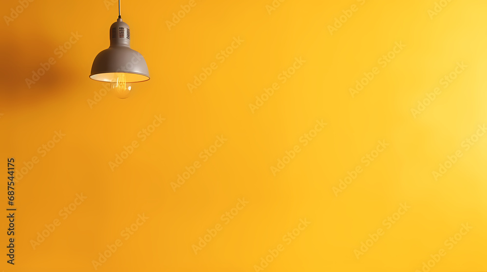 A lamp hangs on a yellow wall and illuminates it, space for text or presentation A lamp hangs on a yellow wall and illuminates it, space for text or presentation