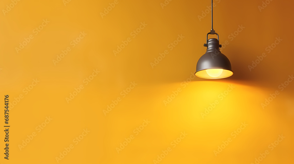 A lamp hangs on a yellow wall and illuminates it, space for text or presentation A lamp hangs on a yellow wall and illuminates it, space for text or presentation
