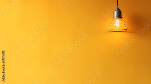 A lamp hangs on a yellow wall and illuminates it, space for text or presentation