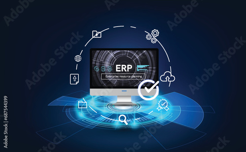 business professional Enterprise resource planning ERP electronic account login secure connection for online HR management software solution with office desk background as wide banner design