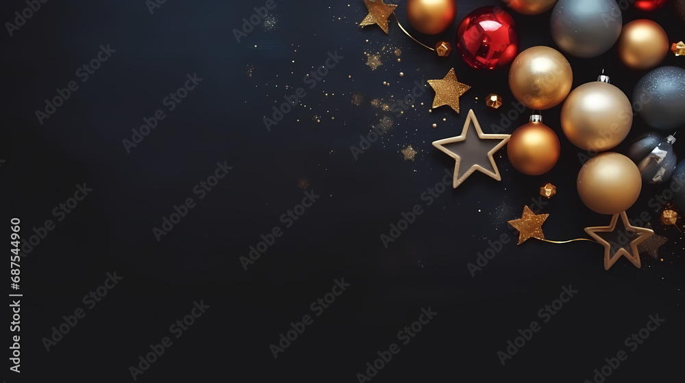 Merry Christmas, greeting card, Christmas balls and stars on dark table, top view, background, space for text Merry Christmas, greeting card, Christmas balls and stars on dark table, top view, background, space for text
