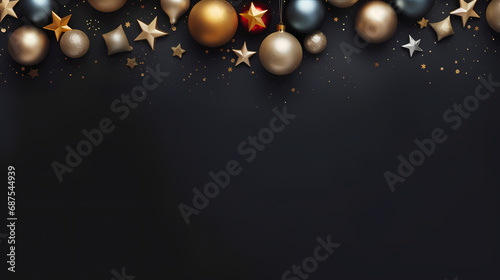 Merry Christmas, greeting card, Christmas balls and stars on dark table, top view, background, space for text