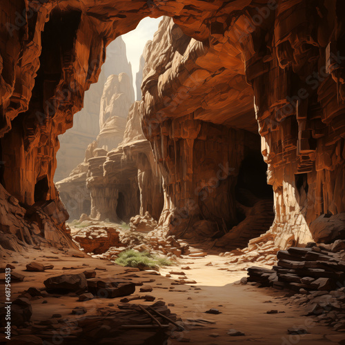 caves and grotto at the bottom of a canyon in a desert area