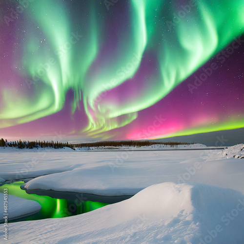 icy landscape with northern lights