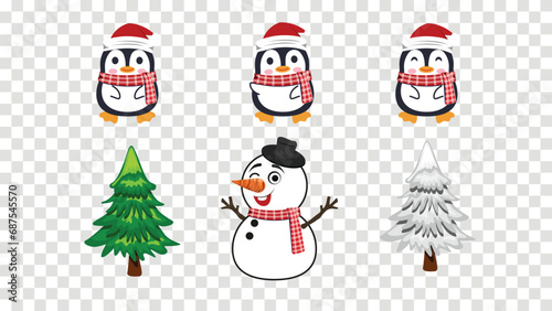 Set of vector Christmas elements, Christmas cartoon cute penguins and snowman with christmas tree, Vector Graphic Illustration.