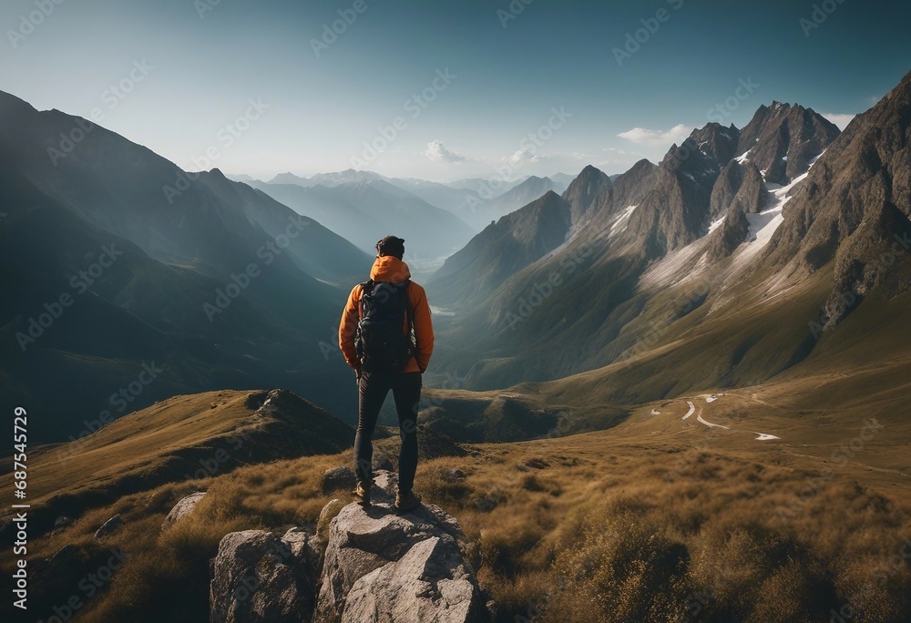 The photographer stands on a peak with a beautiful mountain landscape Active vacations outdoor adventure