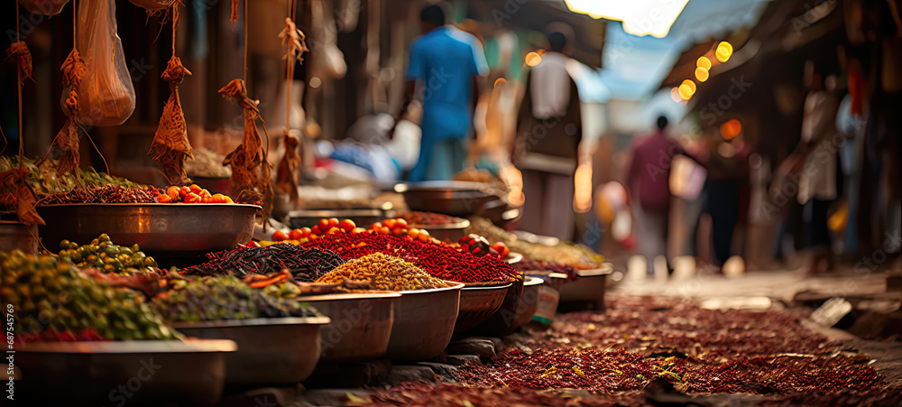 Exotic colorful outdoor spice market 