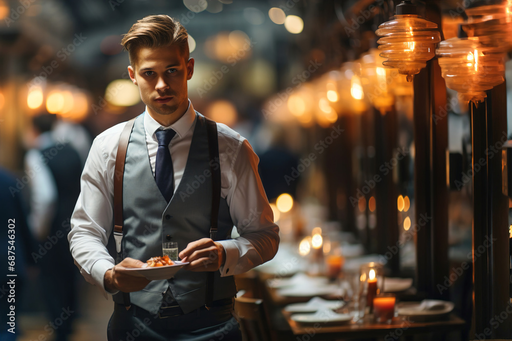 Waiter in a suit holding a plate with drinks and walking in a restaurant. Many tables on background. Waiter in a suit holding a plate with drinks and walking in a restaurant. Many tables on background.
