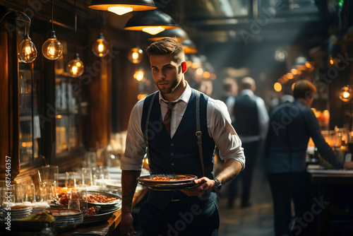 Waiter hold tray with dishes and walking fast in a restaurant. Fast serving, dynamic life in restaurant. Many tables on background.
