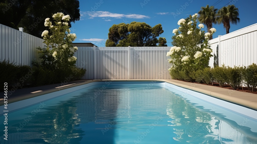 Vinyl panel fencing around an in-ground swimming pool