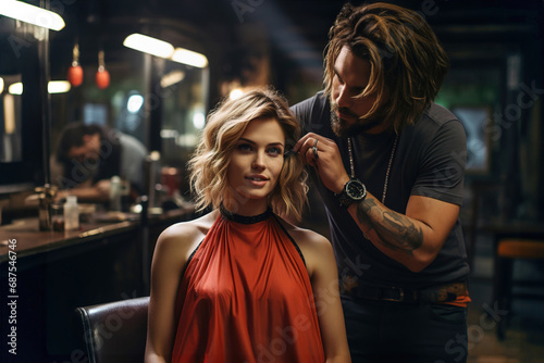 A man cutting a woman's hair in a salon. photo