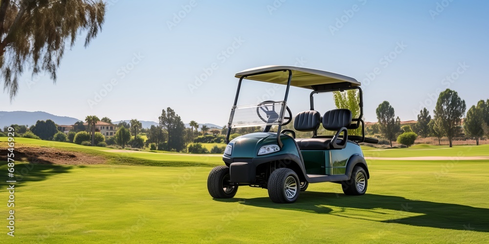 Golf course with cart on a sunny day.