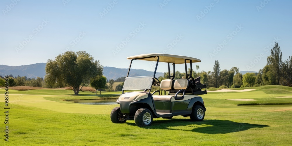 Golf course with cart on a sunny day.
