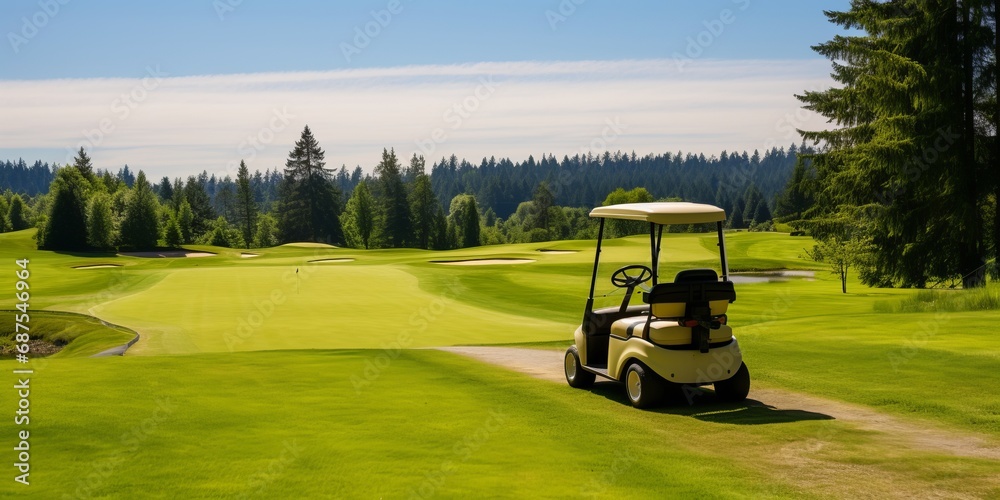 Golf course with cart on a sunny day.