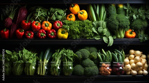 Fruits and vegetables displayed on refrigerated shel