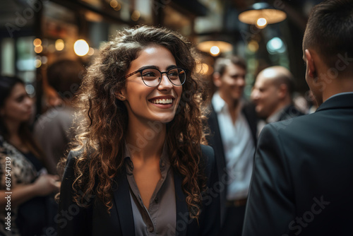 A smiling woman in glasses standing in front of a group of people.