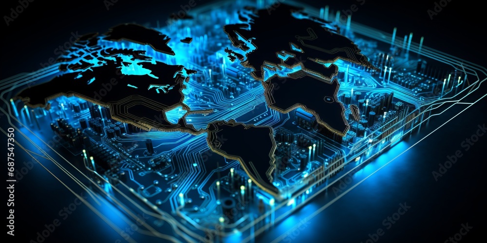 Naklejka premium 3D map of the world on a circuit board.