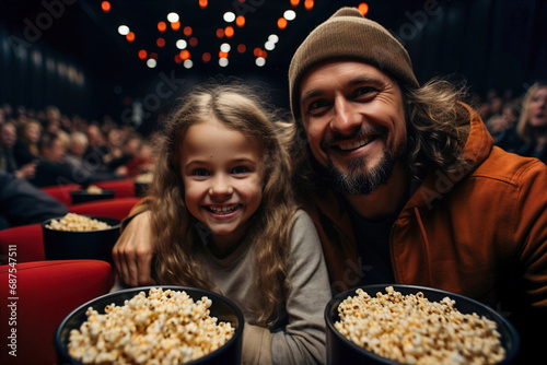 A man and little girl holding a bowl of popcorn and smiling at cinema theater