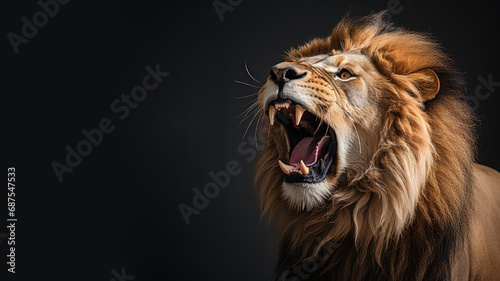 Angry lion roaring with open mouth isolated on gray background