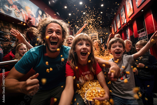 A man and children are in a movie theater, eat popcorn and scream emotionally and excitedly. photo