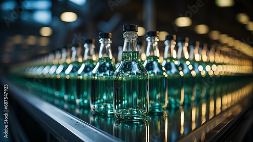 Empty bottles on an assembly line in a manufacturing