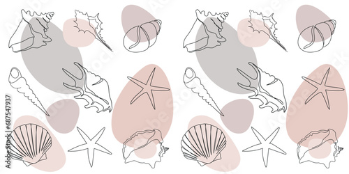 Seamless pattern with hand drawn outline seashells with colored abstract elements. Vector marine pattern for fashion design, fabric, paper, web design, textile