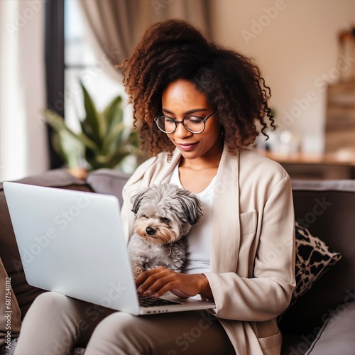 A black woman working with a laptop on the sofa and holding a puppy in the livingroom