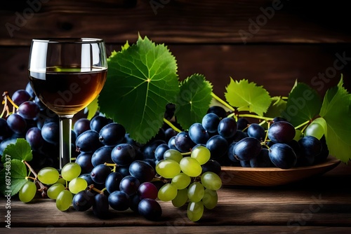 A wooden kitchen table holds a glasses of grape wine and green vine grapes