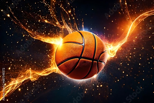 Abstract background for sports, flares, colorful lights, and a flaming basketball with reflection