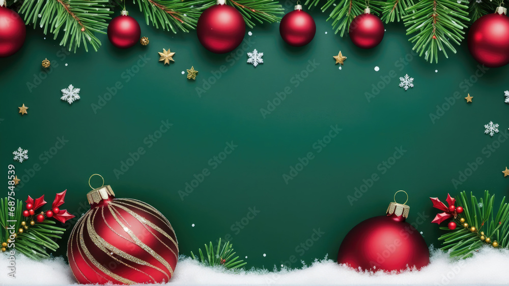 Naklejka premium Green Christmas Background with Red and Gold Ornaments
