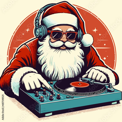 Dj Santa Claus at Christmas Party vector vintage retro illustration. Ai Generated