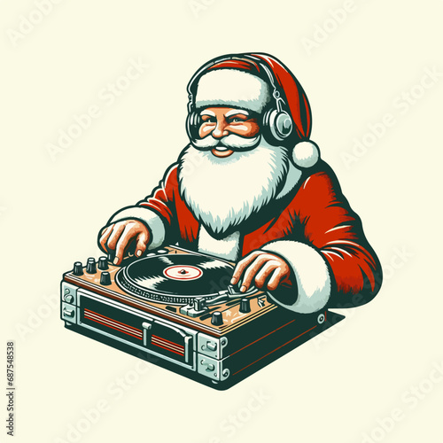 Dj Santa Claus at Christmas Party vector vintage retro illustration. Ai Generated