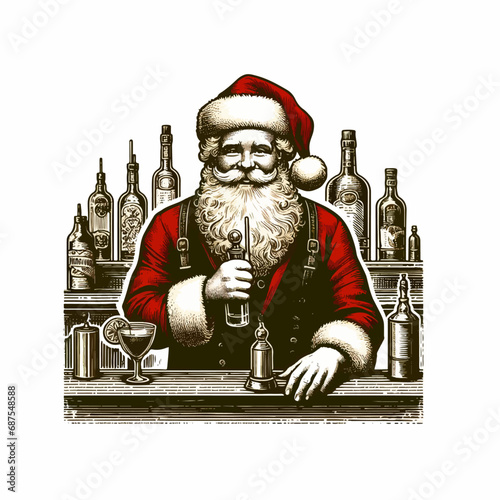 Santa claus as a bartender vector vintage illustration. Christmas t shirt desgin. Santa Claus Barkeep Vector Illustration. Ai Generated