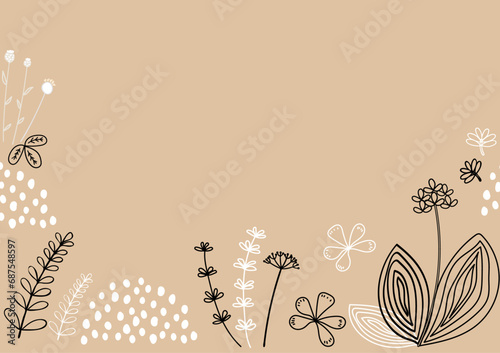 picture with plants in a primitive style, drawn with black and white lines