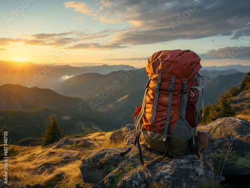 A serene landscape with a backpack and camping gear. A calm and sunny morning