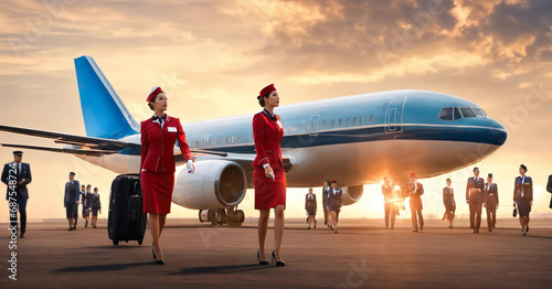 full length Portrait of young beautiful confident flight attendants walking in airport. one male pilot, young group of team stewardess wearing red stylish uniform with skirt and jackets. Generative ai photo