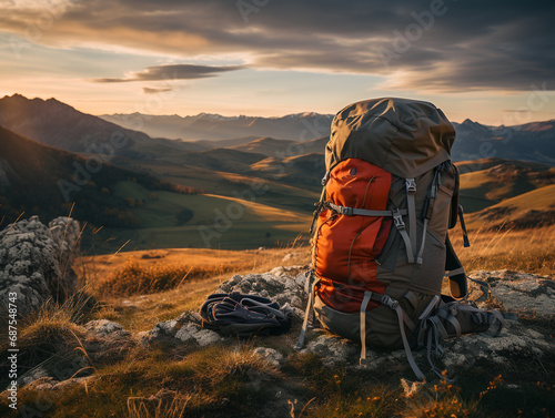 A serene landscape with a backpack and camping gear. A calm and sunny morning