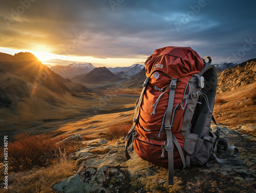 A serene landscape with a backpack and camping gear. A calm and sunny morning