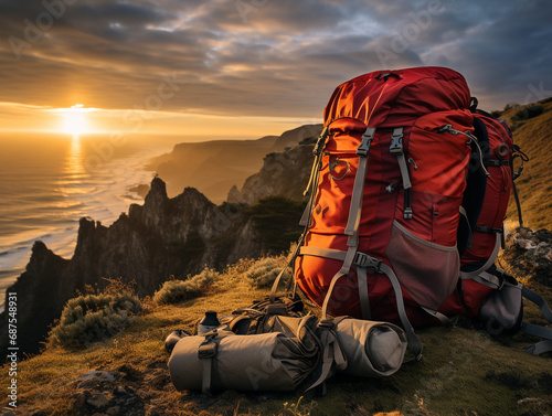A serene landscape with a backpack and camping gear. A calm and sunny morning