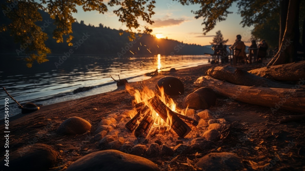 River bank campfire captured at sunset - obrazy, fototapety, plakaty 