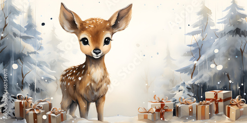 Winter banner with fawn, baby deer in snowy forest with trees, snow and christmas gift boxes, illustration in watercolor style. photo