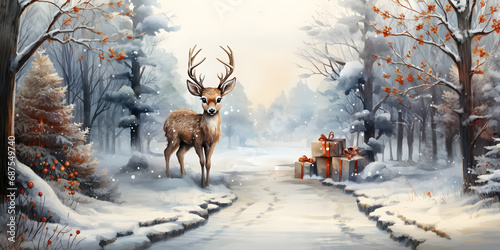 Winter banner with deer in snowy forest with trees, snow and christmas gift boxes, illustration in watercolor style.