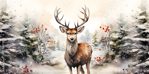 Winter banner with deer in snowy forest with fir trees, snow and red berries, illustration in watercolor style. photo
