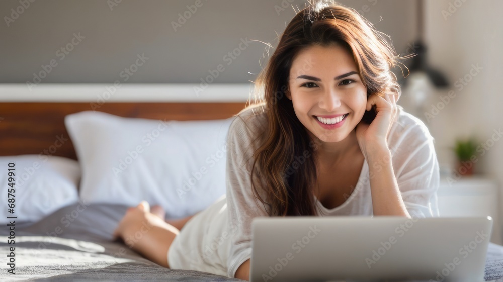 Beautiful business woman smiles using a laptop to work in the bedroom In a comfortable resting corner, freelancers plan business development. Analyze plans for expanding business branches. Beautiful business woman smiles using a laptop to work in the bedroom In a comfortable resting corner, freelancers plan business development. Analyze plans for expanding business branches.