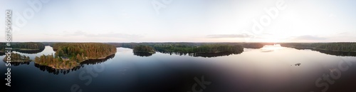 Panoramic summer sunset view of forest lake