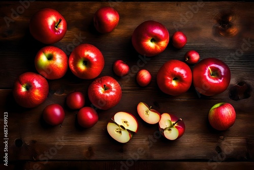 red apples on wooden background, Apples, Fruits, Red image. The apples are a vivid red, capturing the essence of temptation