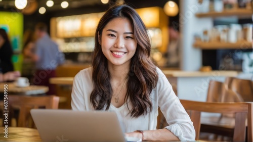 Beautiful business woman smiles Using a laptop to work in a coffee shop, work corner, freelance planning business development Analyze plans for expanding business branches. © DJSPIDA FOTO