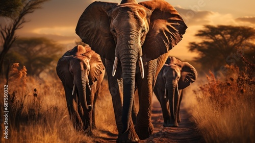 A group of elephants in the savanna during sunset © ProVector