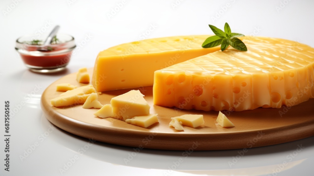 Round cheese being cut isolated on a white background