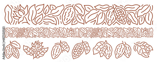 Cocoa chocolate design element set. Beans and branches leaves. Editable outline stroke. Open paths vector line.